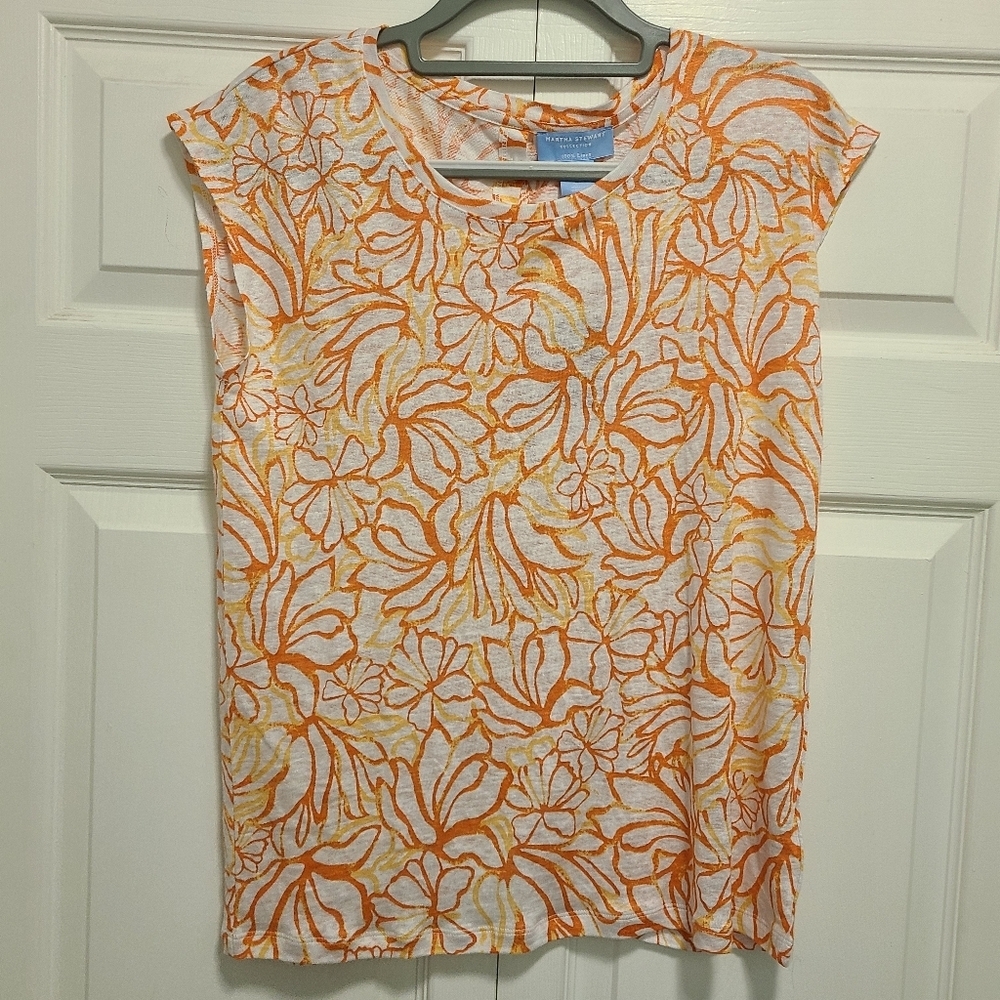 Linen Floral Orange and White Women's Top Martha Stewart Button Down Back NEW